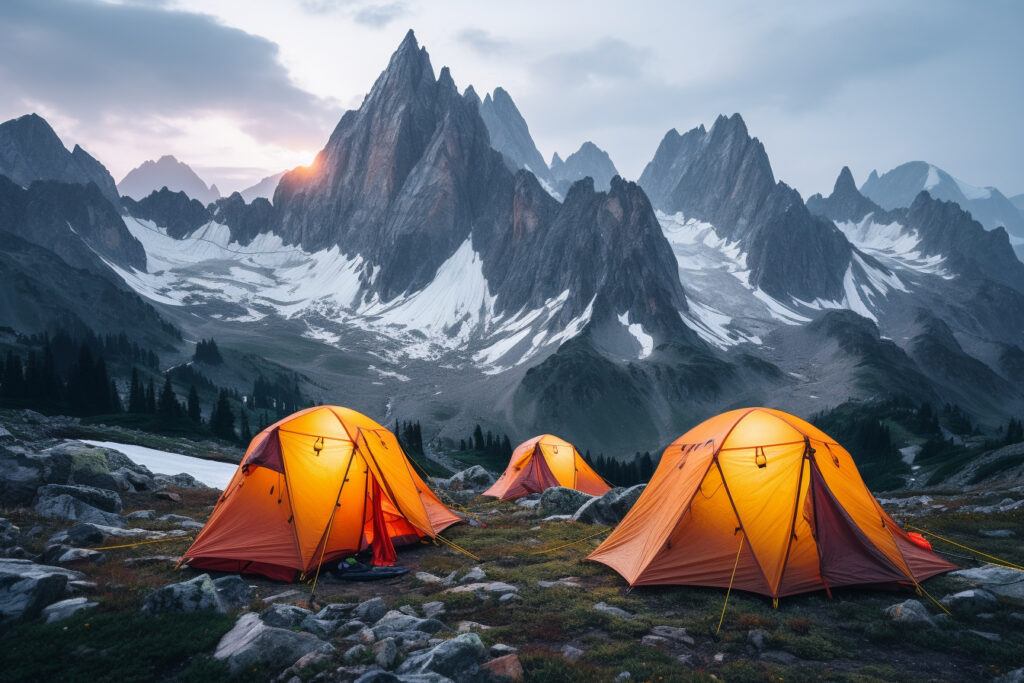 comment-choisir-et-preparer-une-rando-bivouac-en-montagne-3F 3 tentes plantées dans un paysage montagneux