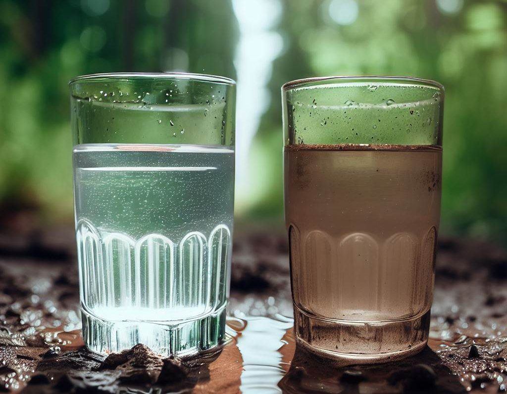 2 verres qui contiennent de ll'eau filtrée et non filtrée